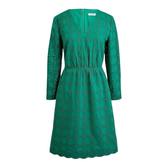 J. Crew Green Cotton V-Neck Circle-Eyelet Lace Dress. Size 12. - Picture 1 of 14
